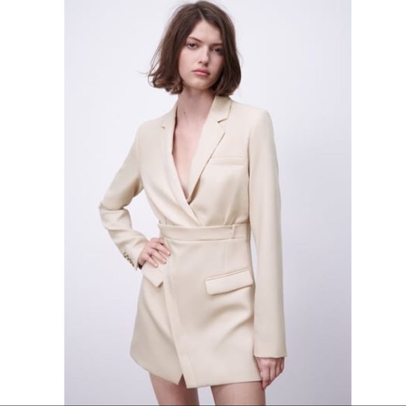 ZARA Blogger Fav Long Sleeve Structured Mini Blazer Dress Pastel Yellow Cream - Picture 3 of 16